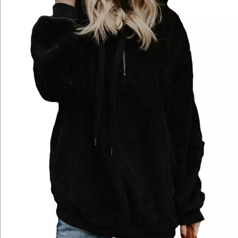Black Hooded Faux Fur Pullover w/ Pockets